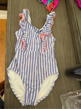Cat & Jack Blue and White Stripe One-Piece Swimsuit with Pink Trim
